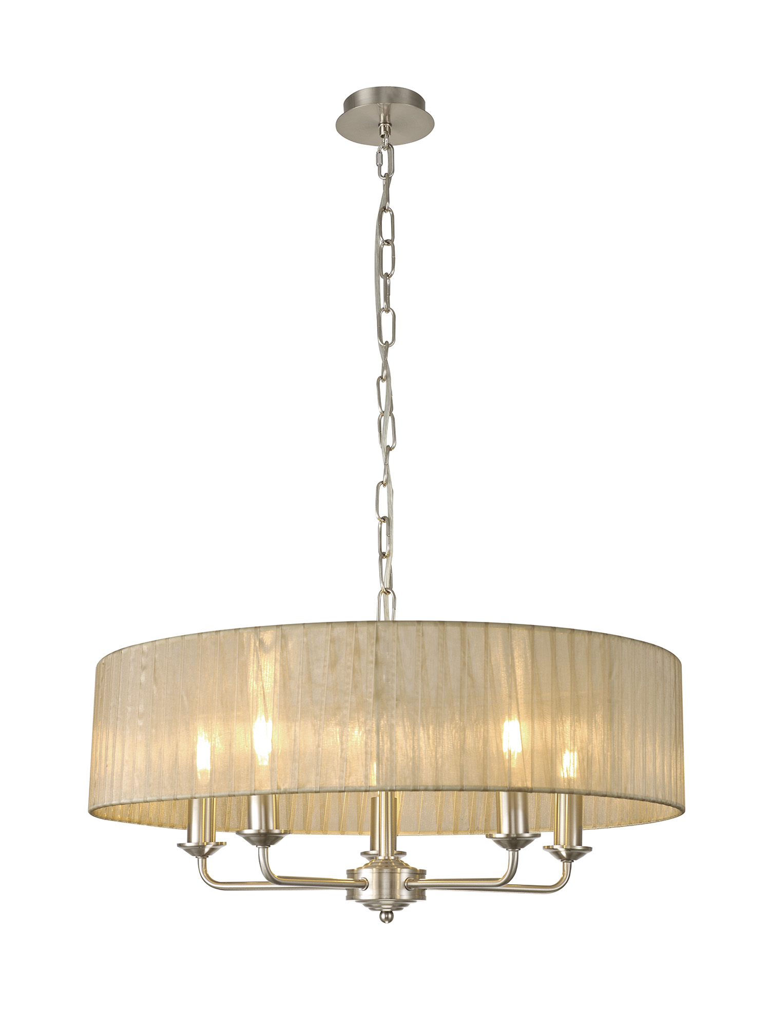 DK0878  Banyan 5 Light Multi Arm Pendant With 60cm x 15cm Organza Shade Satin Nickel/Soft Bronze